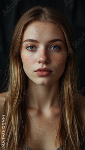 Youthful Charm Stunning Portrait of a Woman with Delicate Features and Piercing Eyes