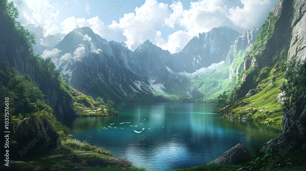 A hidden lake surrounded by mountains, creating a breathtaking view. A hidden lake surrounded by mountains, creating a breathtaking view.