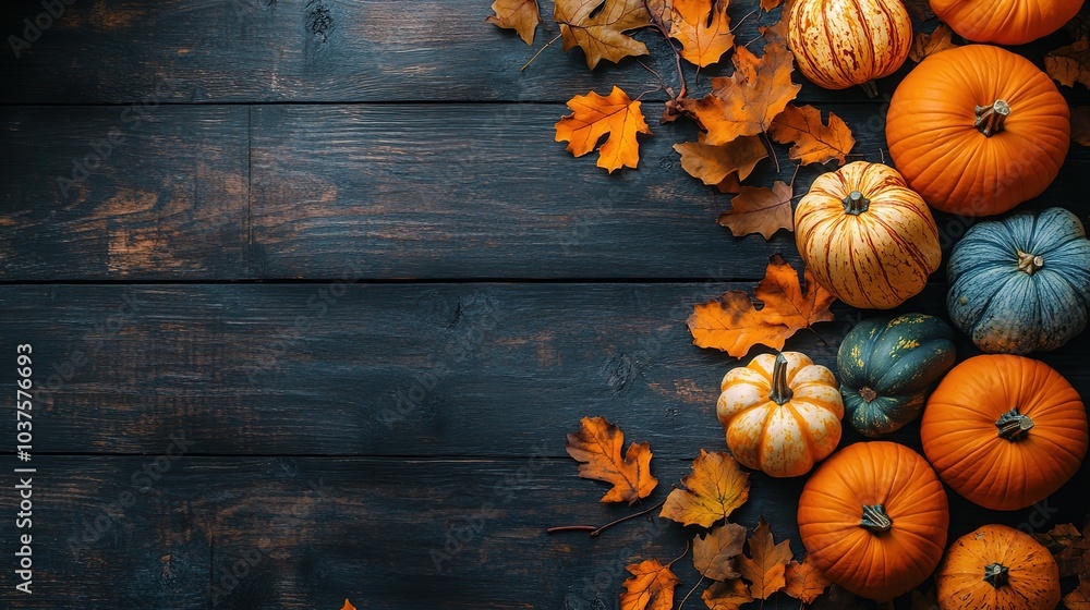 Autumn Harvest Bounty: A rustic arrangement of pumpkins and autumn leaves on a dark wooden background Autumn Harvest Bounty: A rustic arrangement of pumpkins and autumn leaves on a dark wooden background