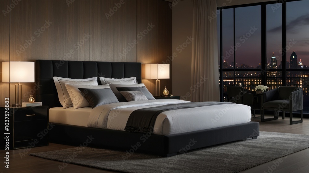 Modern bedroom with an attractive black color palette. Lavishly decorated and accented by a dramatic headboard with vertical panels. Enhanced with dark wood wall panels that add warmth and texture. Modern bedroom with an attractive black color palette. Lavishly decorated and accented by a dramatic headboard with vertical panels. Enhanced with dark wood wall panels that add warmth and texture.