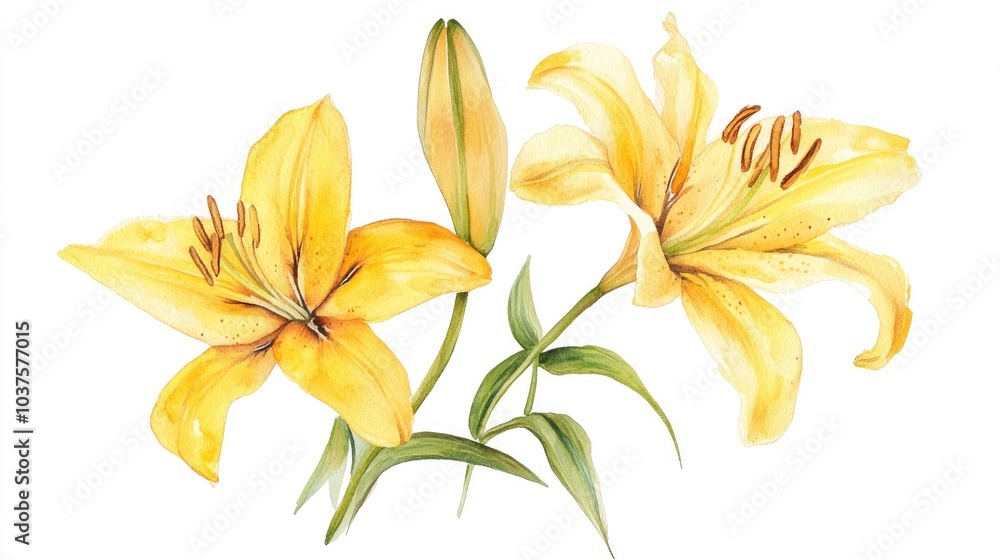 Obraz premium Watercolor artwork featuring yellow lily blooms