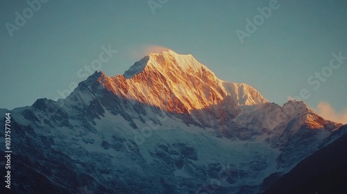 Majestic Mountain Peak at Sunrise: A majestic mountain peak bathed in the warm glow of sunrise, its snow-capped summit reaching towards the heavens. 