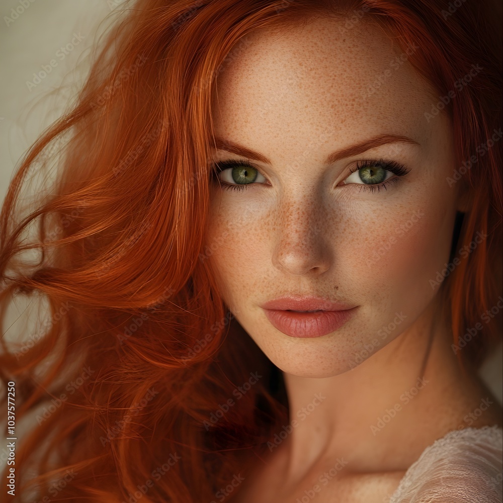a model with red hair , green eyes, light skin , age 30 looking young, real look a model with red hair , green eyes, light skin , age 30 looking young, real look