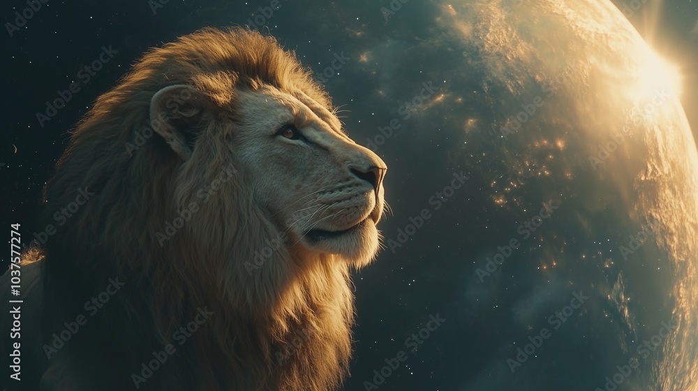 Naklejka premium Lion king in outer space. Lion on space background