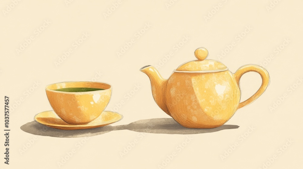 Ocher ceramic teapot and teacup illustration for green tea Ocher ceramic teapot and teacup illustration for green tea