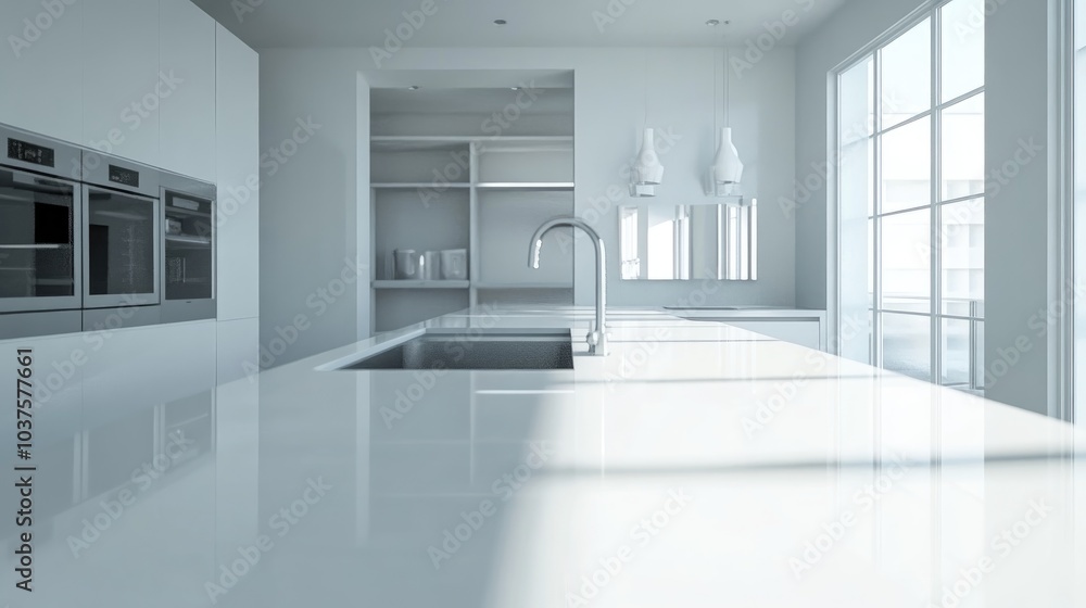 Fototapeta premium 3D rendering of a kitchen interior featuring white countertops and an oven
