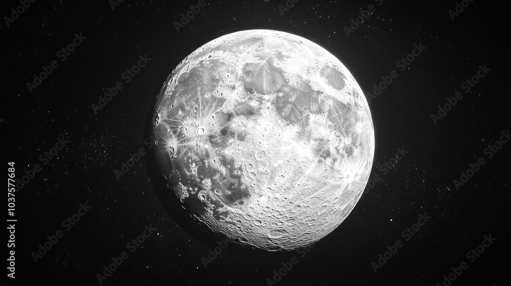 Fototapeta premium 3D cartoon rendering of a full moon with visible craters against a black isolated background depicting the scene before a lunar eclipse