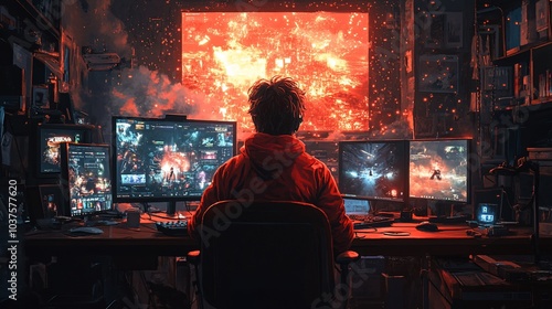 A gamer immersed in a vibrant, explosive digital world, surrounded by multiple screens.