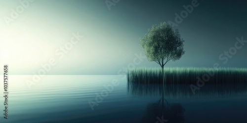 Reeds growing by the edge of a serene lake with a tree nearby, Reeds by a peaceful lake with a nearby tree