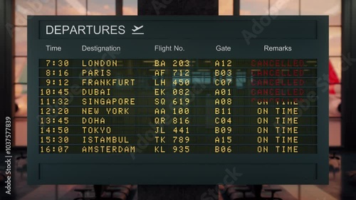 Airport departure board showing international flights. 