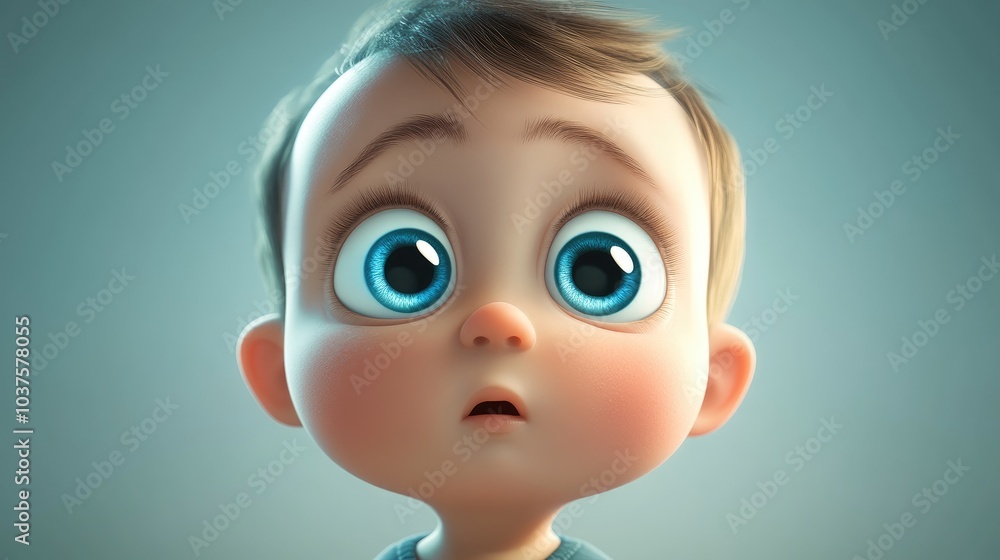 3D Cartoon Portrait of a Baby with Big Blue Eyes 3D Cartoon Portrait of a Baby with Big Blue Eyes