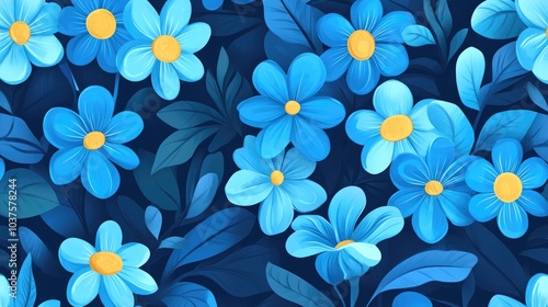 Seamless 2D cartoon pattern featuring whimsical blue flowers