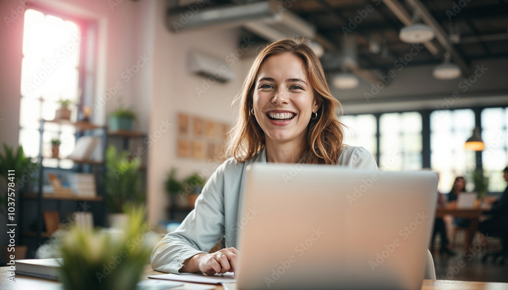 A cheerful woman smiling while using a laptop in a bright, modern office environment, embodying a sense of productivity, positivity, and professional success.
A cheerful woman smiling while using a laptop in a bright, modern office environment, embodying a sense of productivity, positivity, and professional success.
