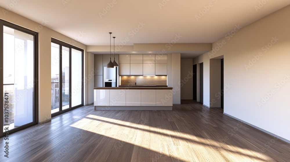 Fototapeta premium 3D rendering of a spacious empty apartment interior featuring a modern kitchen design and wooden flooring