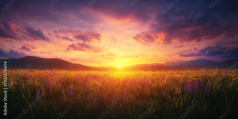 Sunset over a tranquil landscape with vibrant skies, Serene sunset over a peaceful landscape with colorful skies Sunset over a tranquil landscape with vibrant skies, Serene sunset over a peaceful landscape with colorful skies