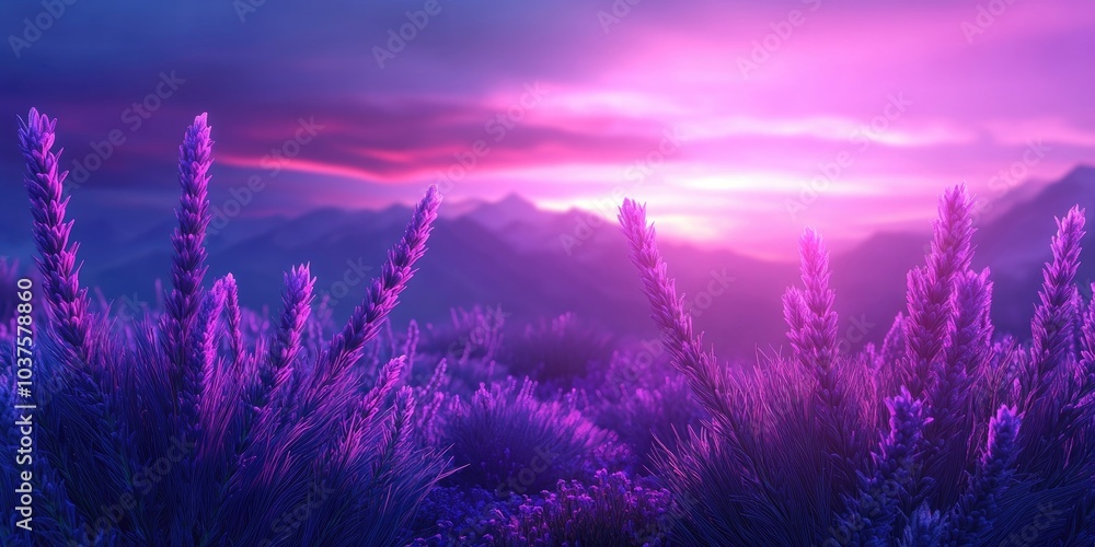 Fototapeta premium Close-up of lavender blooms illuminated by soft sunset light, Close-up of lavender flowers bathed in gentle evening light
