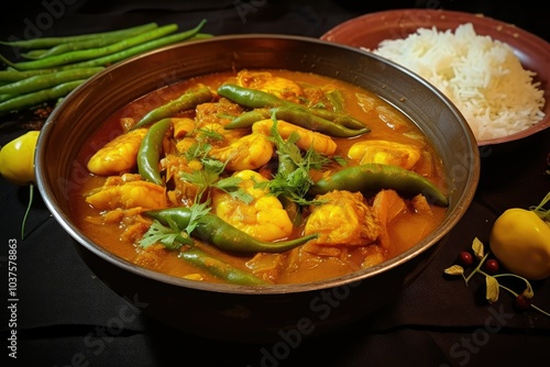 A warming bowl of Bengali fish curry is beautifully presented alongside white rice and fresh green chili highlighted by a dark backdrop