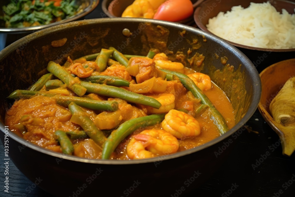 A traditional lota is filled with spicy shrimp curry accompanied by fragrant rice and fresh vegetables on a rustic dining table ready for a meal A traditional lota is filled with spicy shrimp curry accompanied by fragrant rice and fresh vegetables on a rustic dining table ready for a meal