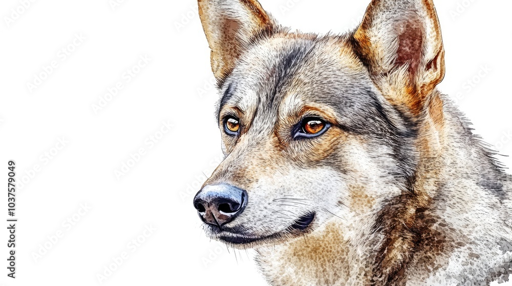 Obraz premium Swedish Vallhund breed dog illustration featuring a close up watercolor portrait of a pet Hand drawn clipart showcasing an animalistic depiction of a canine