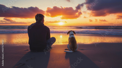 Beach scene with sea and ocean backdrop for dog and man pet owner bond, vacation travel holiday spent together, sunset summer water adventure outdoors