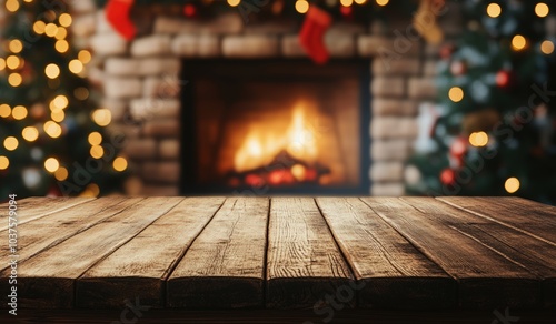 Empty wooden table top with a blurred Christmas background for product display, presentation, and decoration design concept. Christmas tree, fireplace, and presents at home. 