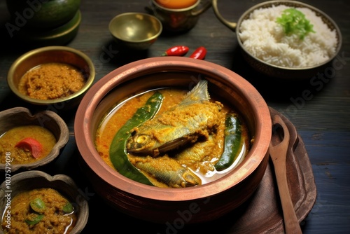 A vibrant serving of shorisha elish in a clay pot surrounded by steamed rice and various side dishes highlighting Bengali culinary traditions photo