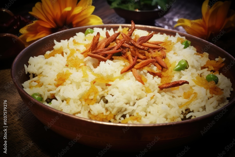 A vibrant serving of Bengali polau features fragrant rice mixed with green peas and garnished with crispy fried onions perfect for festive occasions A vibrant serving of Bengali polau features fragrant rice mixed with green peas and garnished with crispy fried onions perfect for festive occasions
