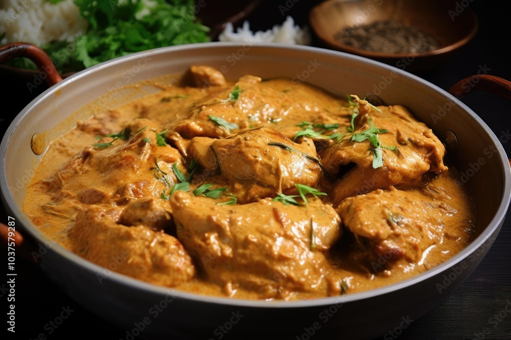 Delicious Bengali styled chicken curry simmers in a pan rich with spices and creamy sauce perfect for indulging in at a family dinner or gathering Delicious Bengali styled chicken curry simmers in a pan rich with spices and creamy sauce perfect for indulging in at a family dinner or gathering