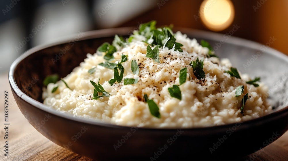A picturesque bowl of creamy risotto garnished with fresh herbs and grated Parmesan cheese, Risotto plated in a mound shape, Soft diffused light for a cozy feel A picturesque bowl of creamy risotto garnished with fresh herbs and grated Parmesan cheese, Risotto plated in a mound shape, Soft diffused light for a cozy feel