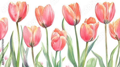 Seamless design featuring whimsical pink flowers Hand painted watercolor tulips Vibrant spring themed artwork