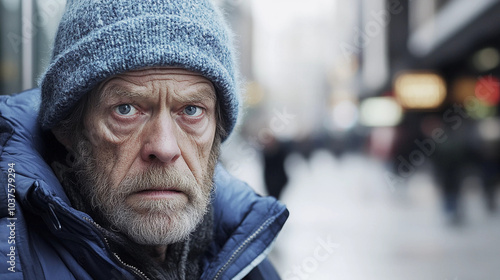 Portrait of helpless homeless man on the street 