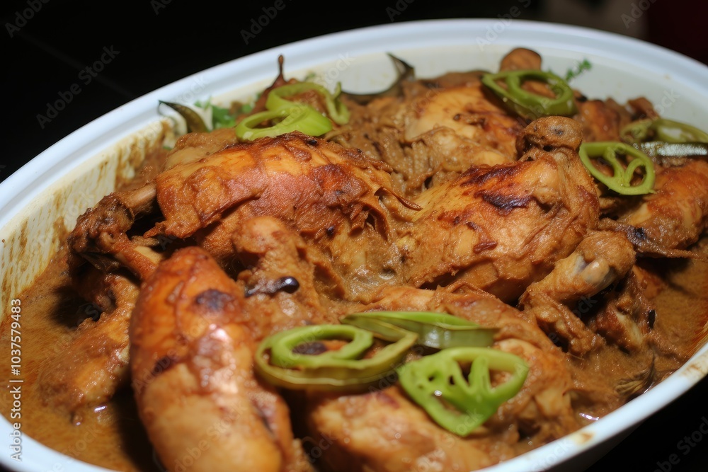 A delicious roast chicken dish featuring tender meat topped with sliced green peppers perfect for sharing at a family meal or celebration A delicious roast chicken dish featuring tender meat topped with sliced green peppers perfect for sharing at a family meal or celebration
