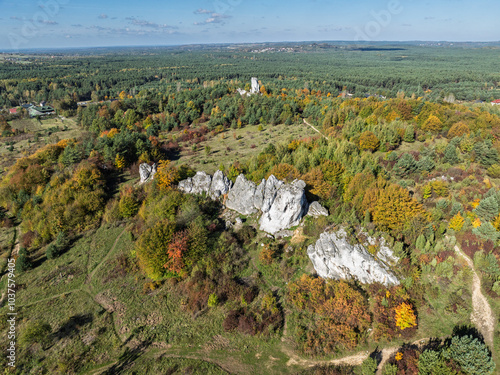 Aerial drone view of Rzedkowice limstone Rocks.Group of rocks in Rzedkowice town. Jurassic limstone rocks in Poland. Jura Krakowsko - Czestochowska, Poland. Limestone rock surrounded by autumn forest. photo