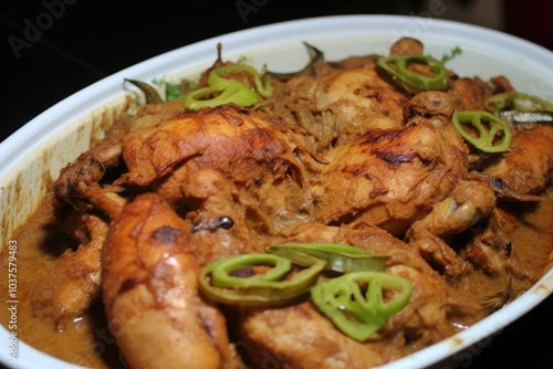 A delicious roast chicken dish featuring tender meat topped with sliced green peppers perfect for sharing at a family meal or celebration