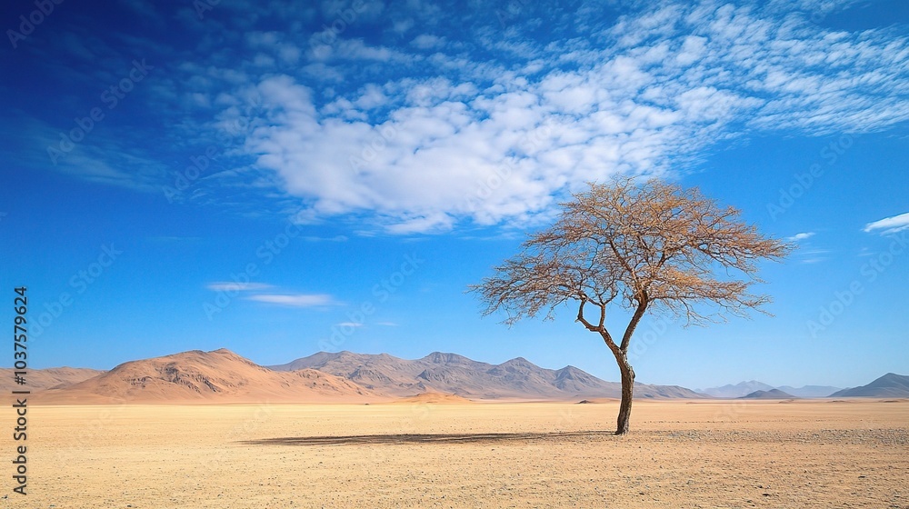 Solitary Desert Tree: A lone acacia tree stands resilient against the vast, sun-drenched expanse of a desert landscape, under a vibrant blue sky. Its shadow stretches across the sand. Solitary Desert Tree: A lone acacia tree stands resilient against the vast, sun-drenched expanse of a desert landscape, under a vibrant blue sky. Its shadow stretches across the sand.