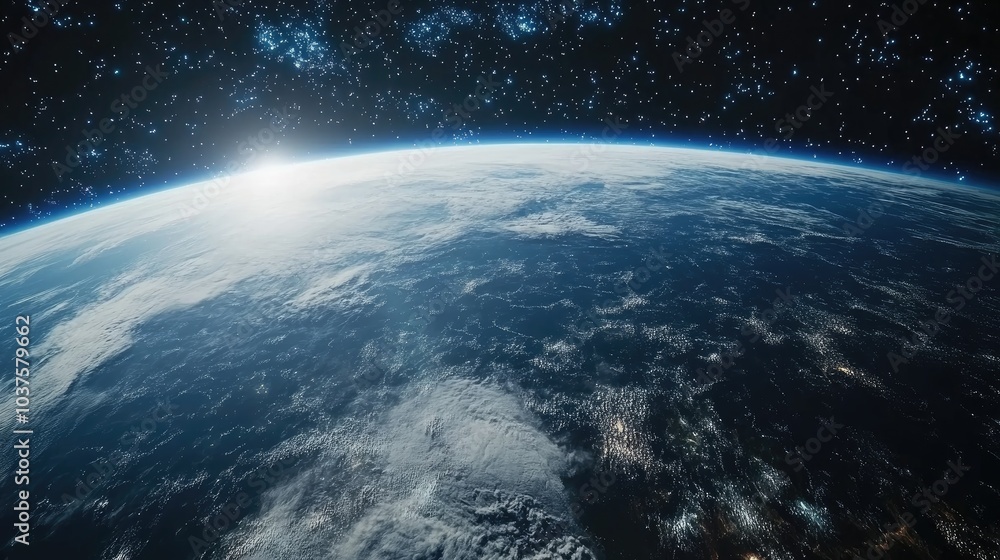 Fototapeta premium Panoramic view of the Earth stars and galaxy in 3D cartoon rendering Planet Earth seen from space Space fantasy