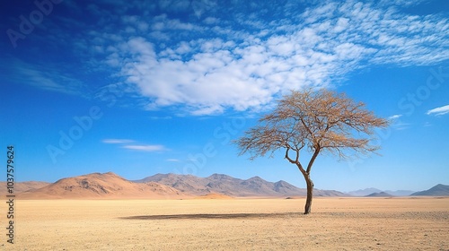 Solitary Desert Tree: A lone acacia tree stands resilient against the vast, sun-drenched expanse of a desert landscape, under a vibrant blue sky. Its shadow stretches across the sand.