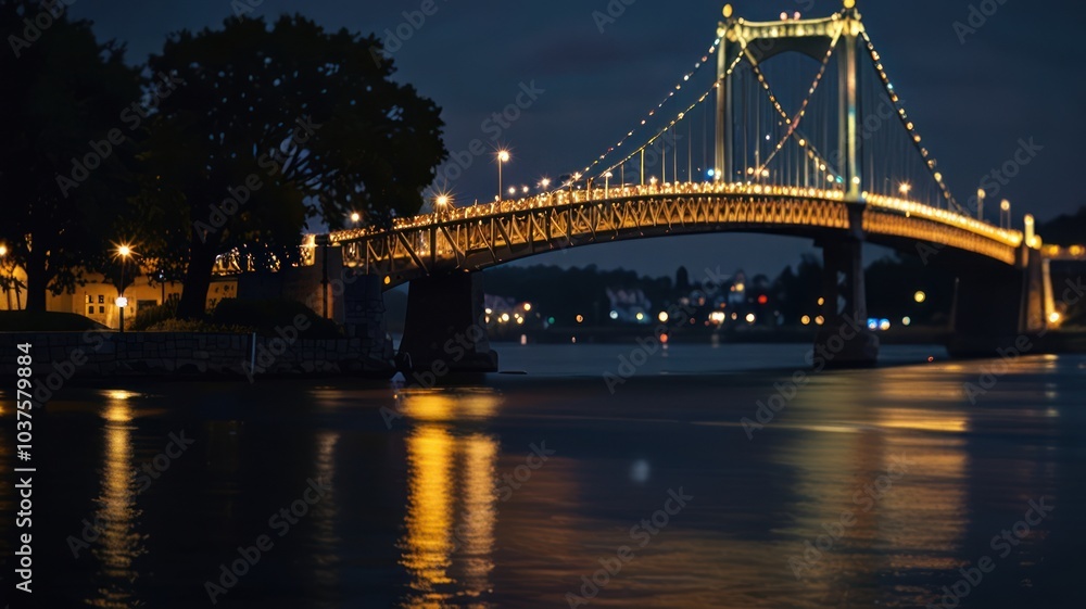 A suspension bridge illuminated at night with a soft glow reflecting in the water. A suspension bridge illuminated at night with a soft glow reflecting in the water.