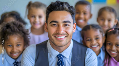 Teacher in school with children, classroom scene of diverse boys and girls, group of elementary pupils engaged in education, childhood class lesson