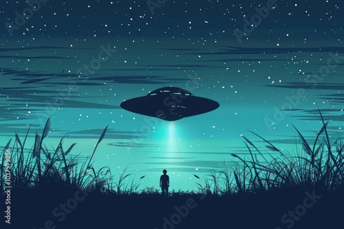 Man standing in a field, illuminated by a beam of light from a large UFO, under a night sky filled with stars. Sci-fi concept with an extraterrestrial spacecraft. photo