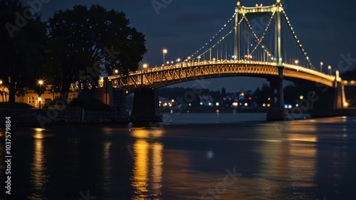 A suspension bridge illuminated at night with a soft glow reflecting in the water.