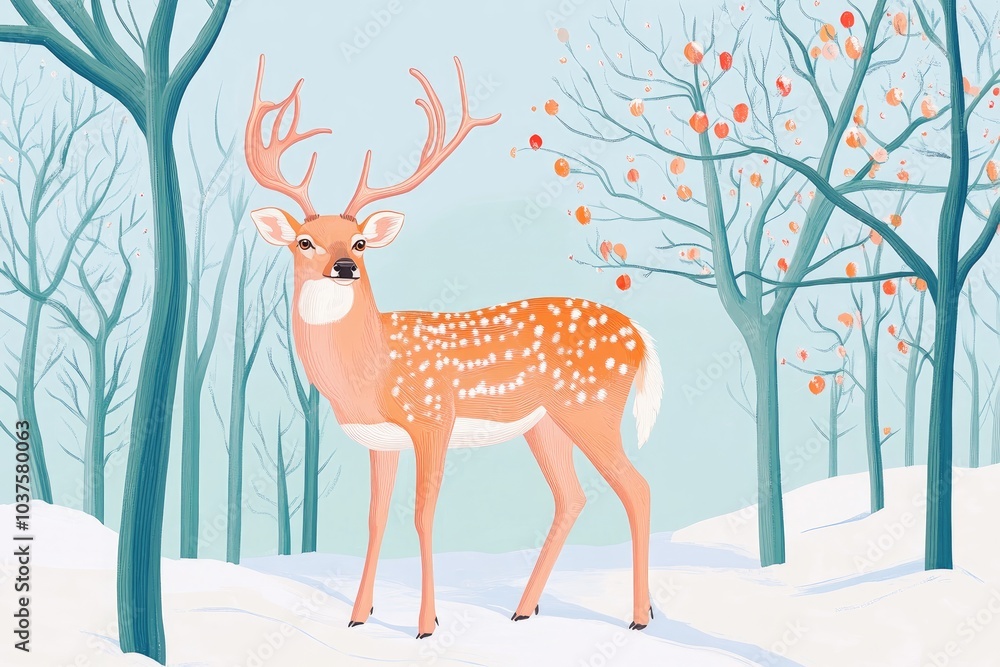 Illustration of a majestic deer in a snowy landscape