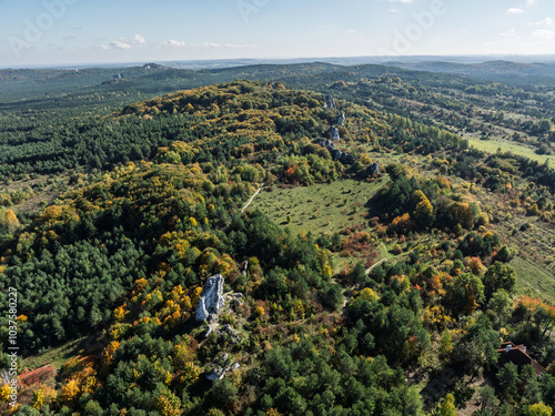 Aerial drone view of Rzedkowice limstone Rocks.Group of rocks in Rzedkowice town. Jurassic limstone rocks in Poland. Jura Krakowsko - Czestochowska, Poland. Limestone rock surrounded by autumn forest. photo