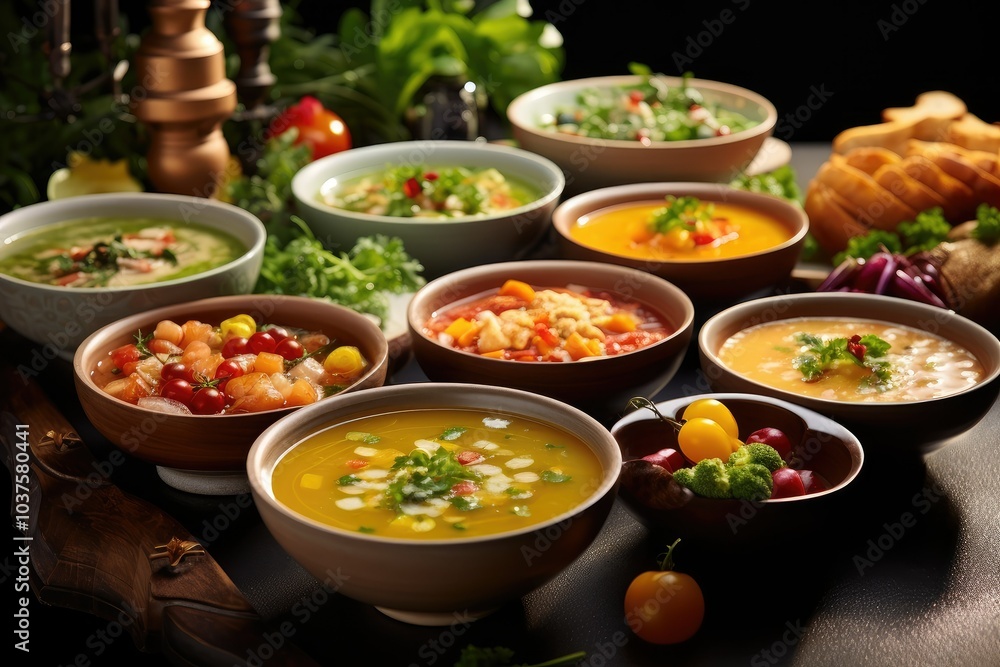 A diverse selection of vibrant soups made from fresh ingredients is beautifully arranged alongside colorful vegetables on a rustic wooden table A diverse selection of vibrant soups made from fresh ingredients is beautifully arranged alongside colorful vegetables on a rustic wooden table