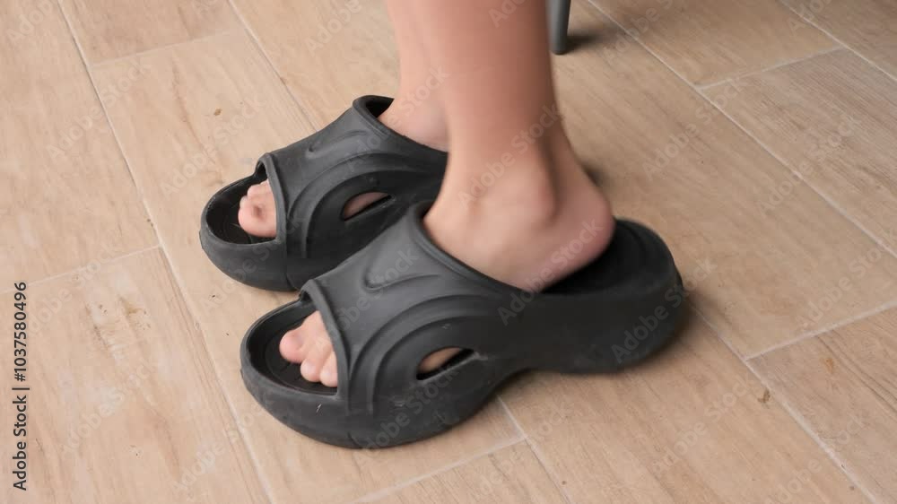 A person picks up stylish black platform slide sandals ready to wear. Choosing comfortable rubber slide sandal shoes for relaxing at home, ground level shot. A person picks up stylish black platform slide sandals ready to wear. Choosing comfortable rubber slide sandal shoes for relaxing at home, ground level shot.