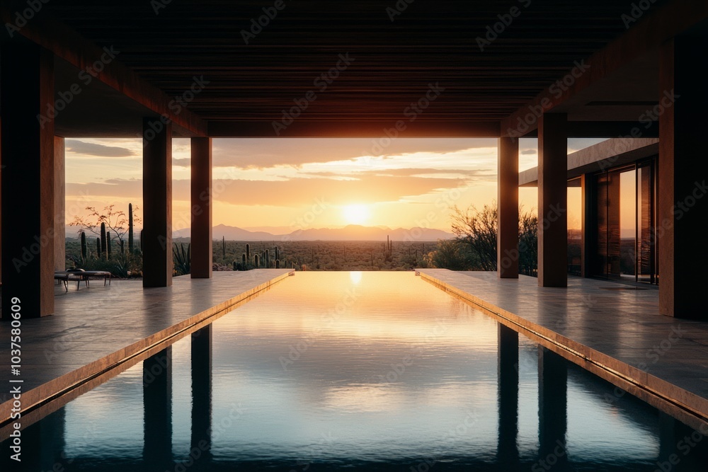 A modern pool with a view of the desert sunset. A modern pool with a view of the desert sunset.
