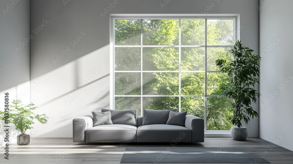 Fototapeta premium 3D rendering of a bright living room featuring comfortable grey sofas by a large window