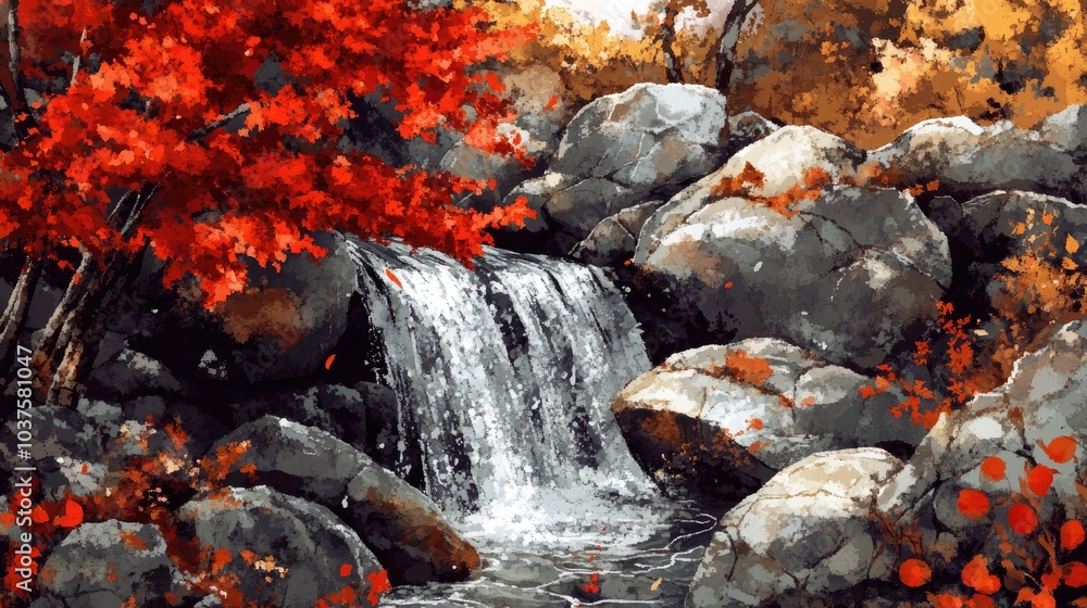 Red leaves contrast with stones and a small waterfall in a watercolor style Red leaves contrast with stones and a small waterfall in a watercolor style
