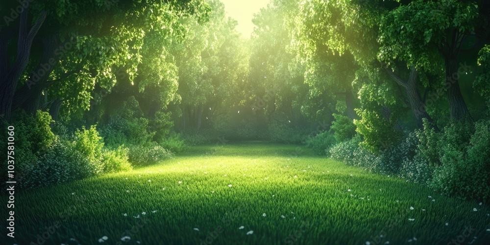 Fototapeta premium Scenic view of a tranquil forest park surrounded by lush greenery, Peaceful forest park with abundant greenery