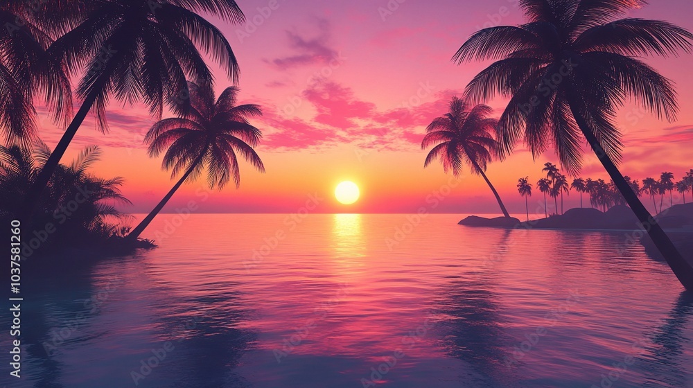 Pink Paradise: A serene and captivating sunset paints the sky with vibrant hues of pink and purple, as silhouetted palm trees stand tall against the tranquil ocean. Pink Paradise: A serene and captivating sunset paints the sky with vibrant hues of pink and purple, as silhouetted palm trees stand tall against the tranquil ocean.